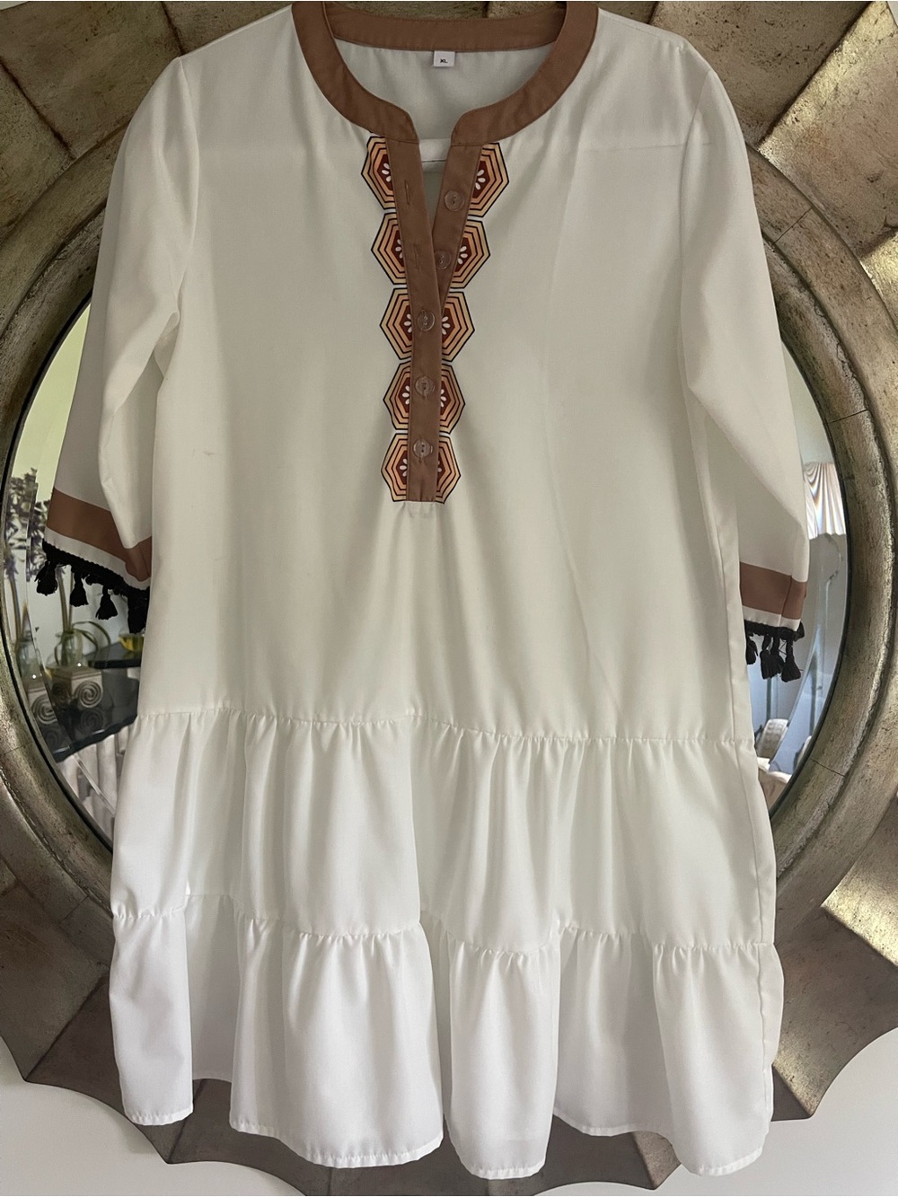 FANTASTIC ALL COTTON Tiered Dress with Brown Accents and Black Fringe on Sleeves
